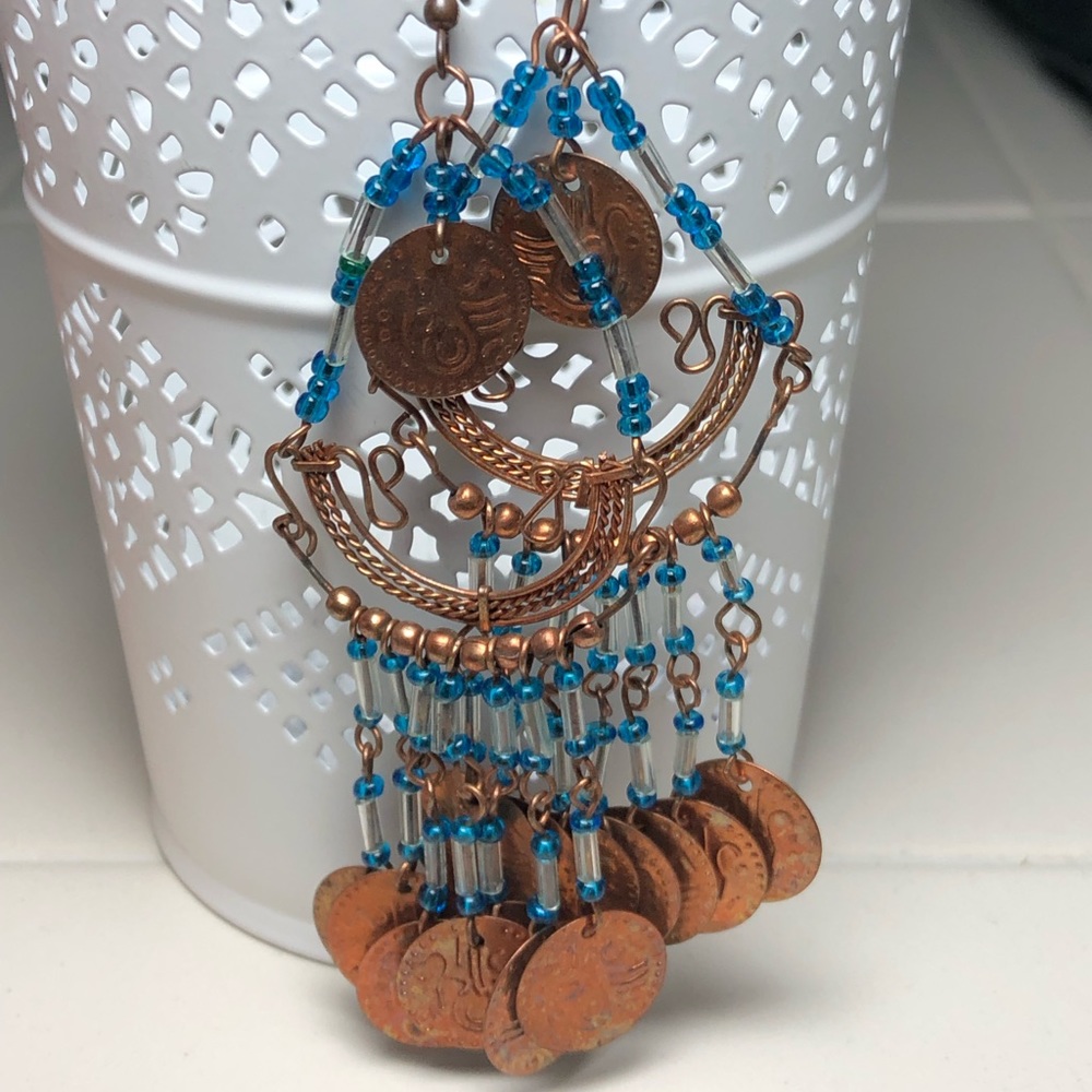 Copper and blue jingle coin earrings